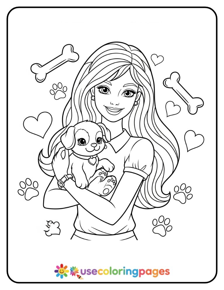 Barbie With Puppy Coloring Page Printable