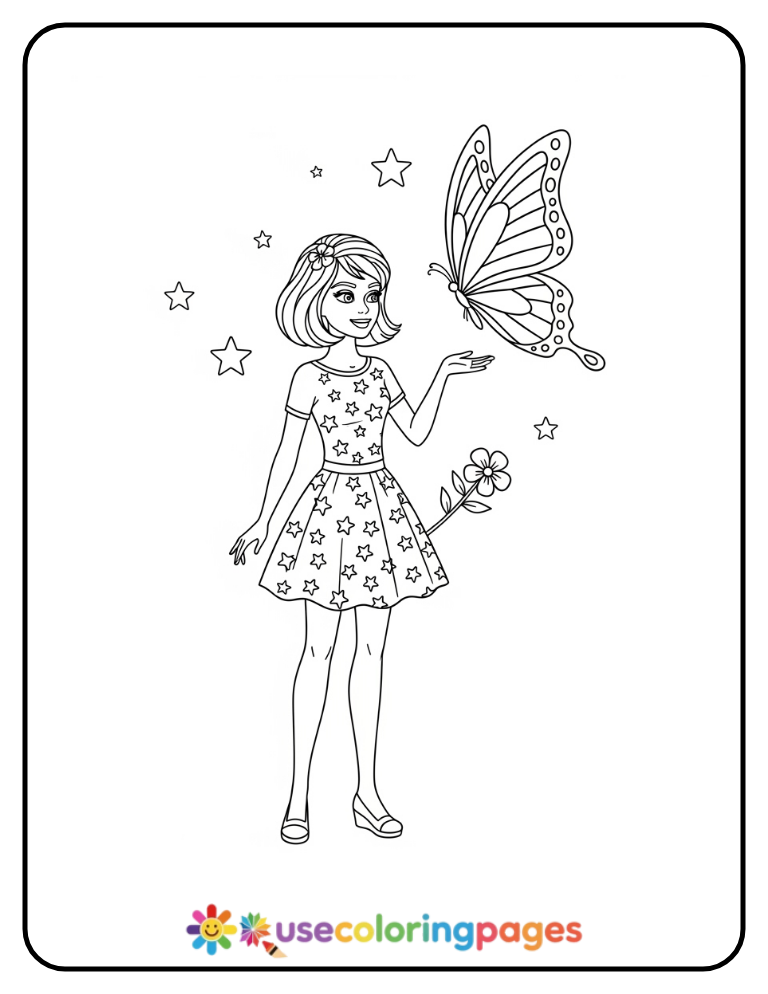 Barbie and Butterfly Friend Easy Coloring Page