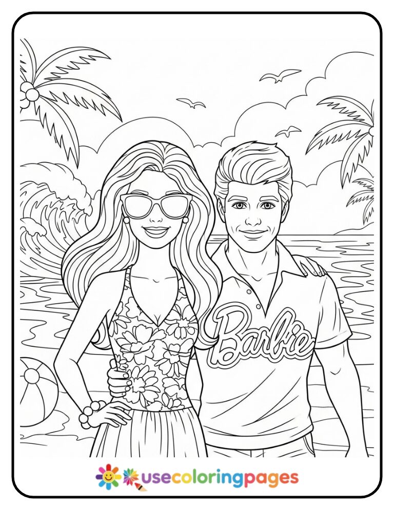 Barbie and Ken Beach Day Coloring Page