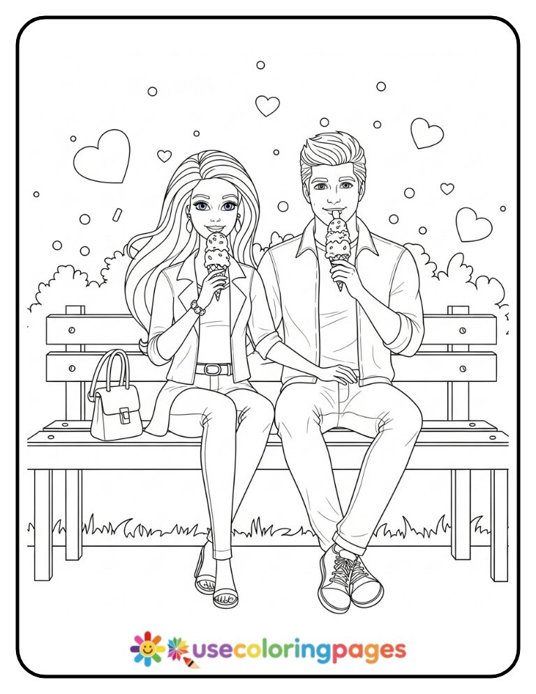 Barbie and Ken Ice Cream Date Coloring Page