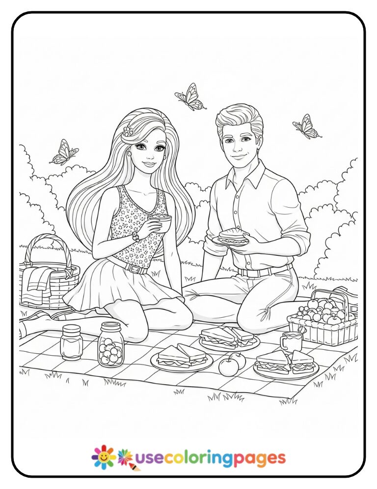 Barbie and Ken Picnic Coloring Page Printable