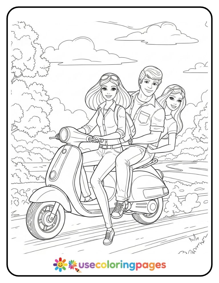 Barbie and Ken Riding Scooter Coloring Page