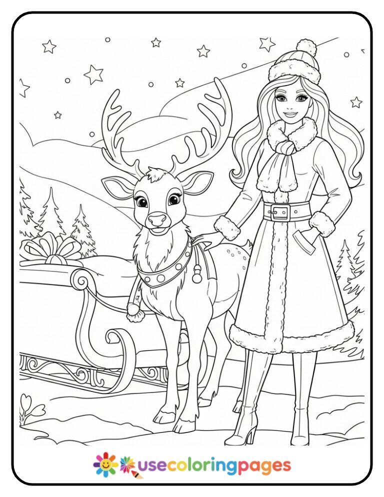 Barbie and Reindeer Coloring Page Printable