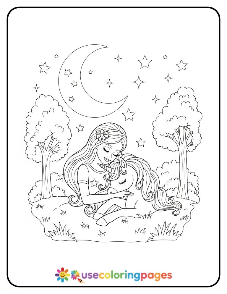 Barbie and Unicorn Sleeping Under Moon Coloring Page