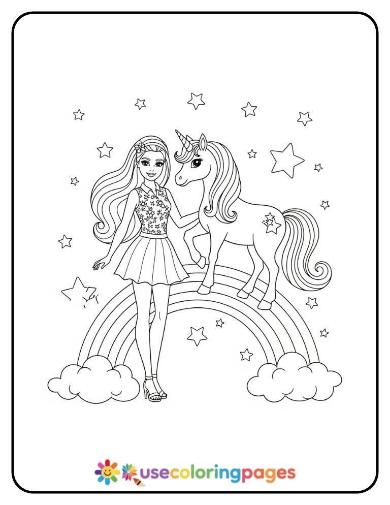 Barbie and Unicorn in Rainbow Sky Coloring Page
