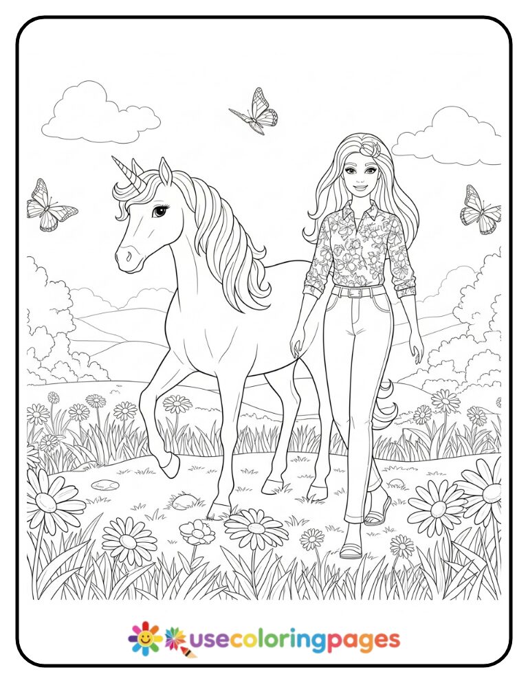 Barbie and Unicorn in a Flower Meadow Coloring Page