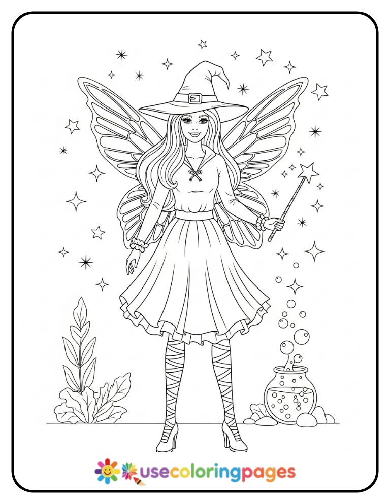 Barbie as a Fairy Witch Coloring Page Printable