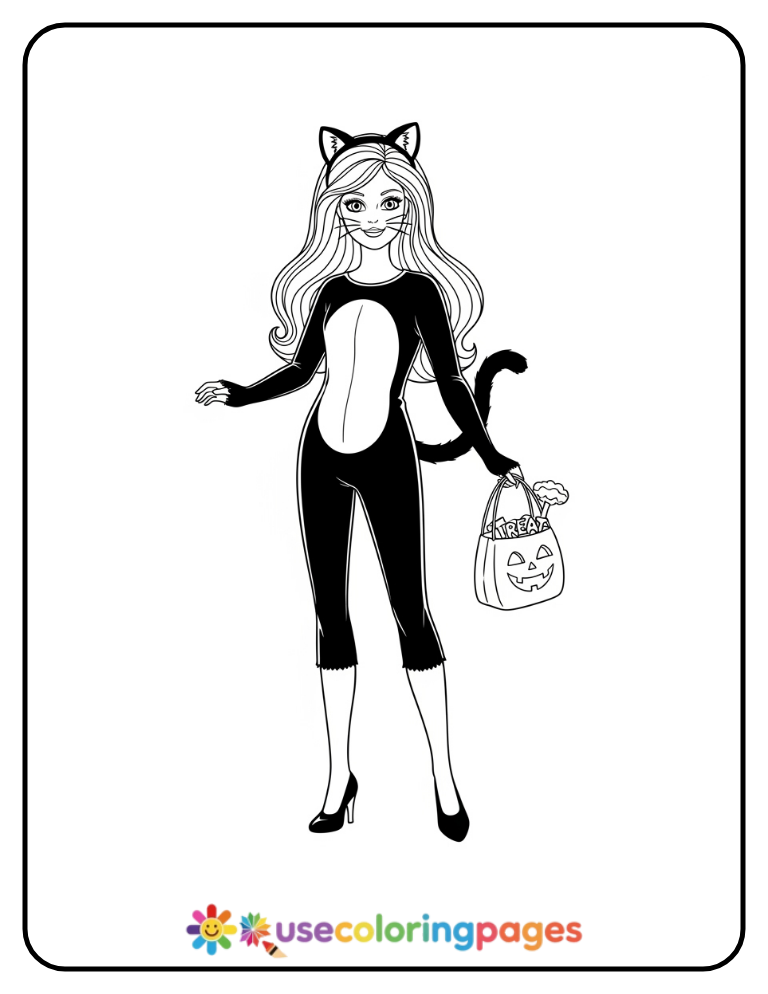 Barbie in Black Cat Halloween Outfit Coloring Page