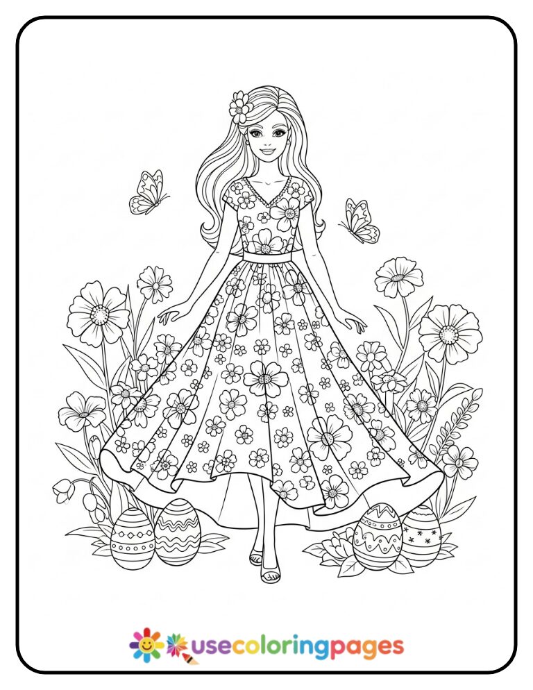 Barbie in Easter Dress With Flowers Coloring Page