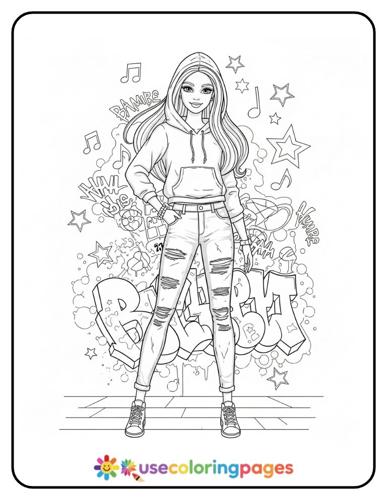 Barbie in Hoodie and Jeans Coloring Page