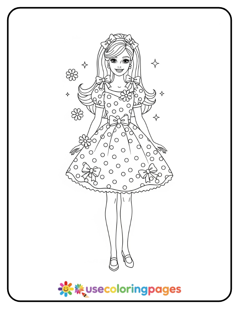 Barbie in Polka Dot Dress Coloring Page Printable
