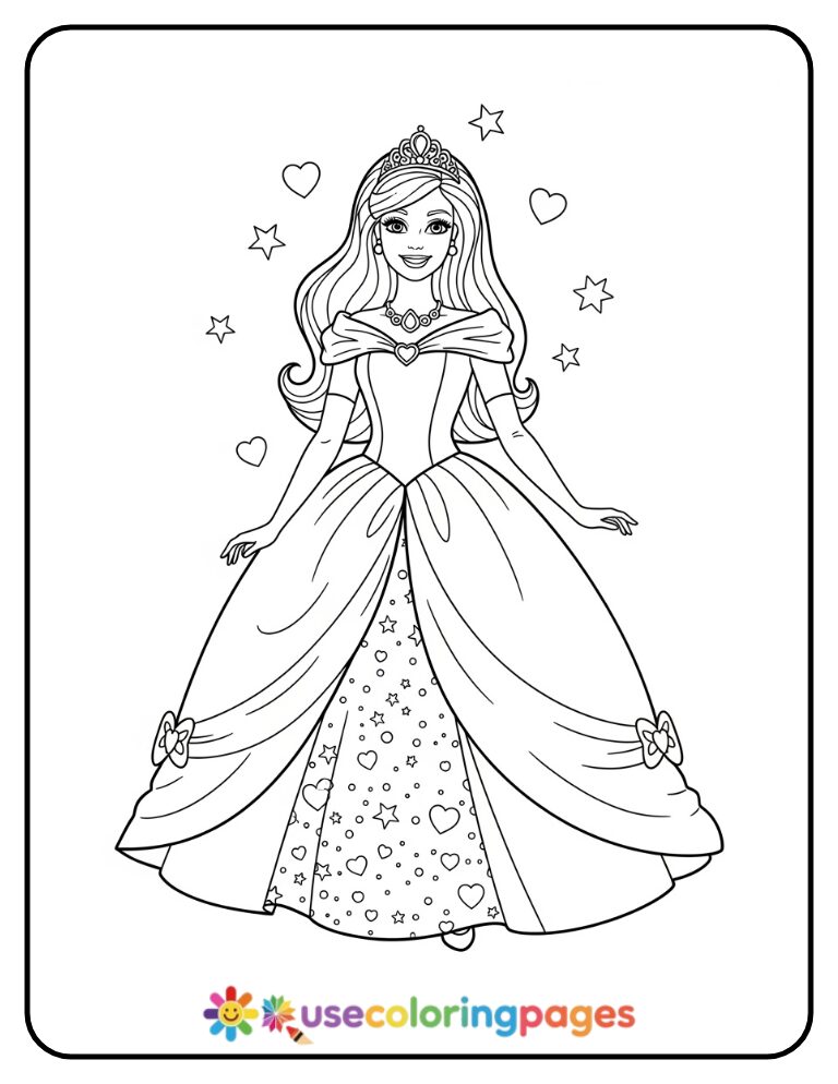 Barbie in Princess Dress Easy Coloring Page