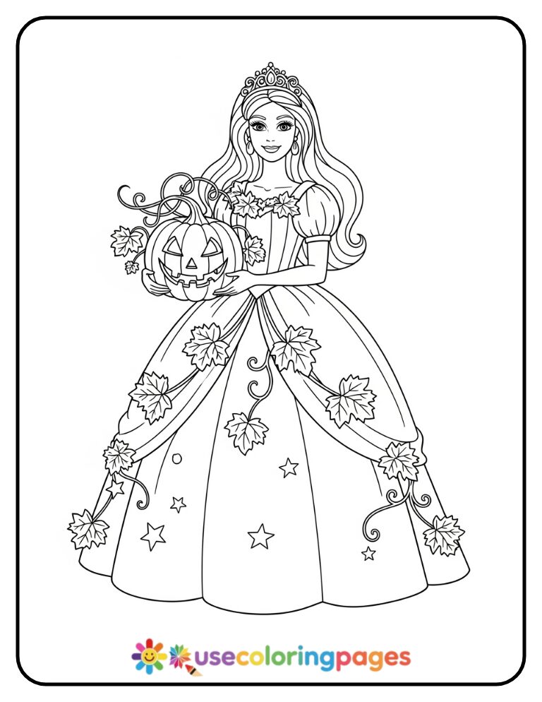 Barbie in Pumpkin Princess Costume Coloring Page