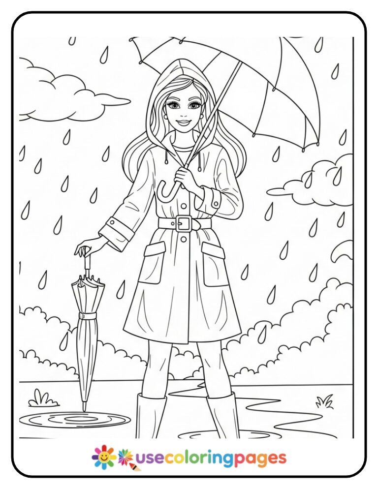 Barbie in Raincoat and Boots Coloring Page