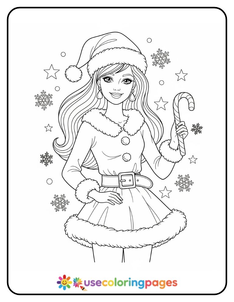 Barbie in Santa Outfit Coloring Page for Girls