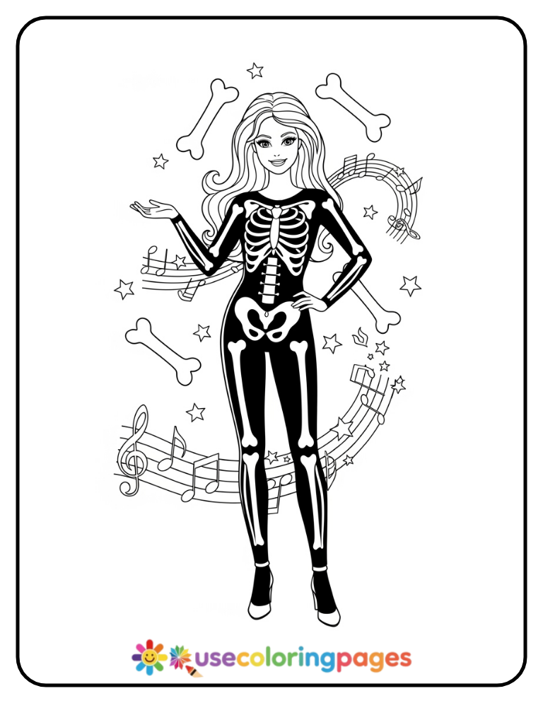 Barbie in Skeleton Costume Coloring Page Free