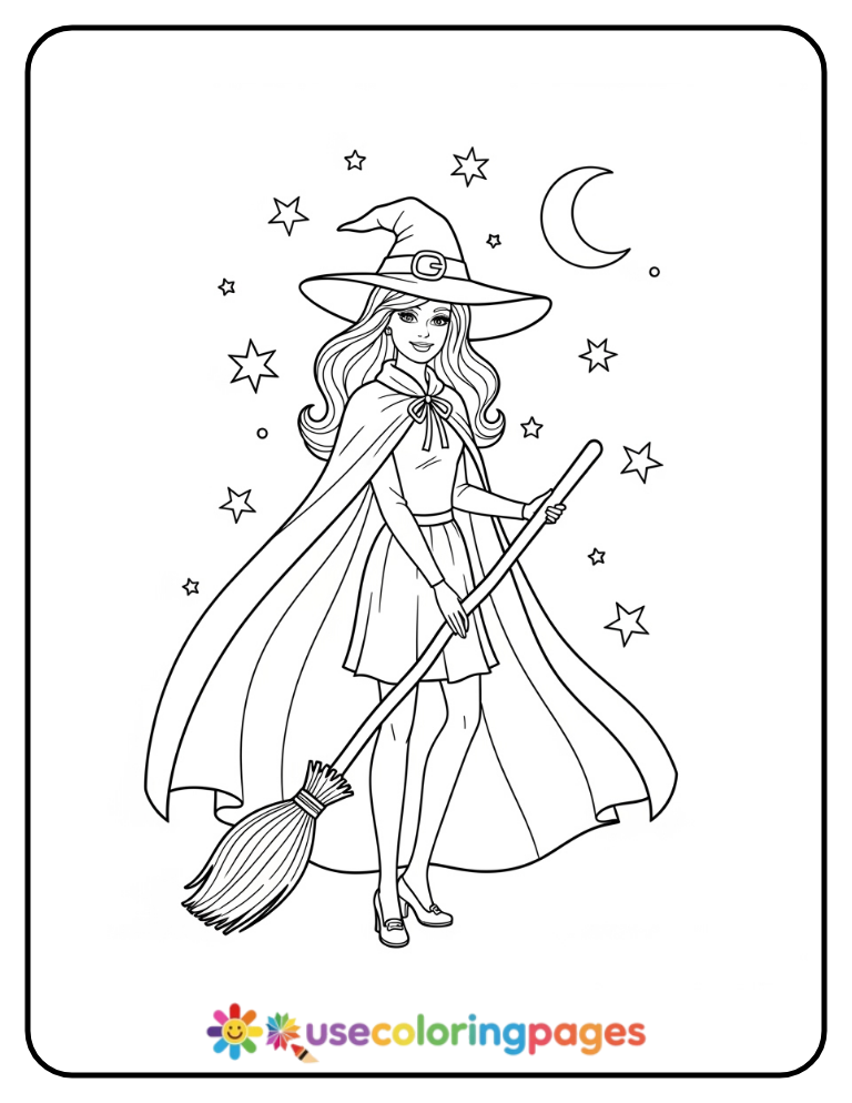 Barbie in Witch Hat and Cape Coloring Page Printable