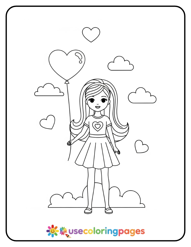 Barbie with Heart Balloon Coloring Page Easy