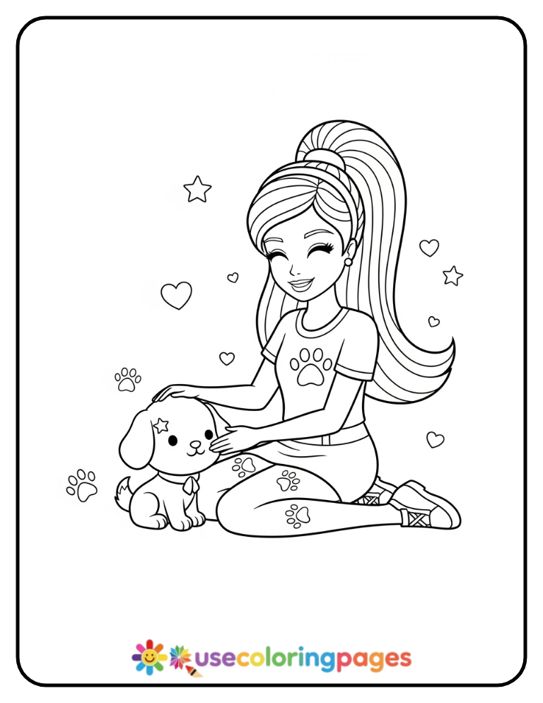 Barbie with Pet Puppy Easy Coloring Page