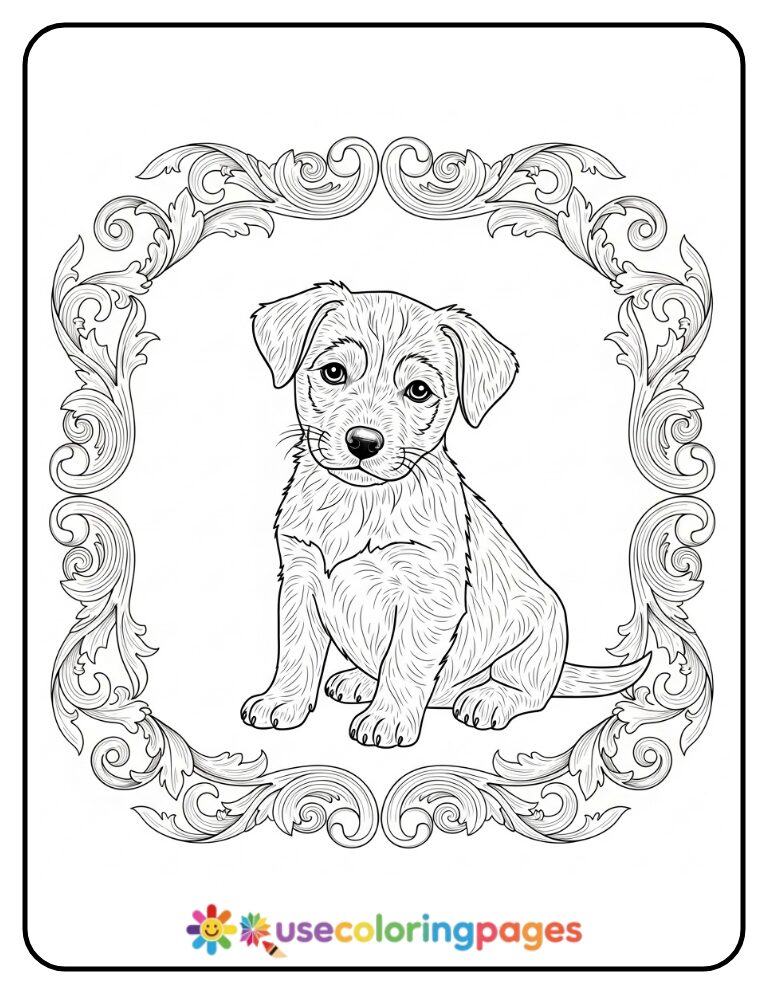 Baroque Puppy Frame Design Coloring Sheet