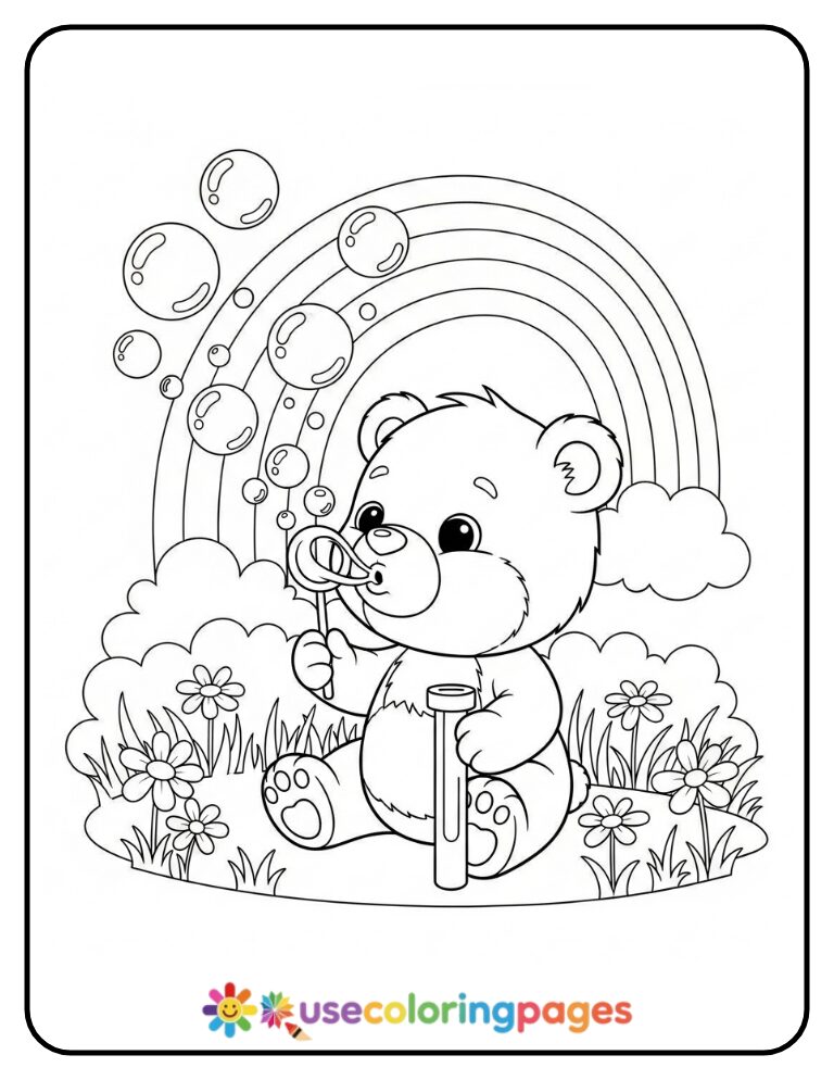 Bear Blowing Rainbow Bubbles Coloring Page For Kids