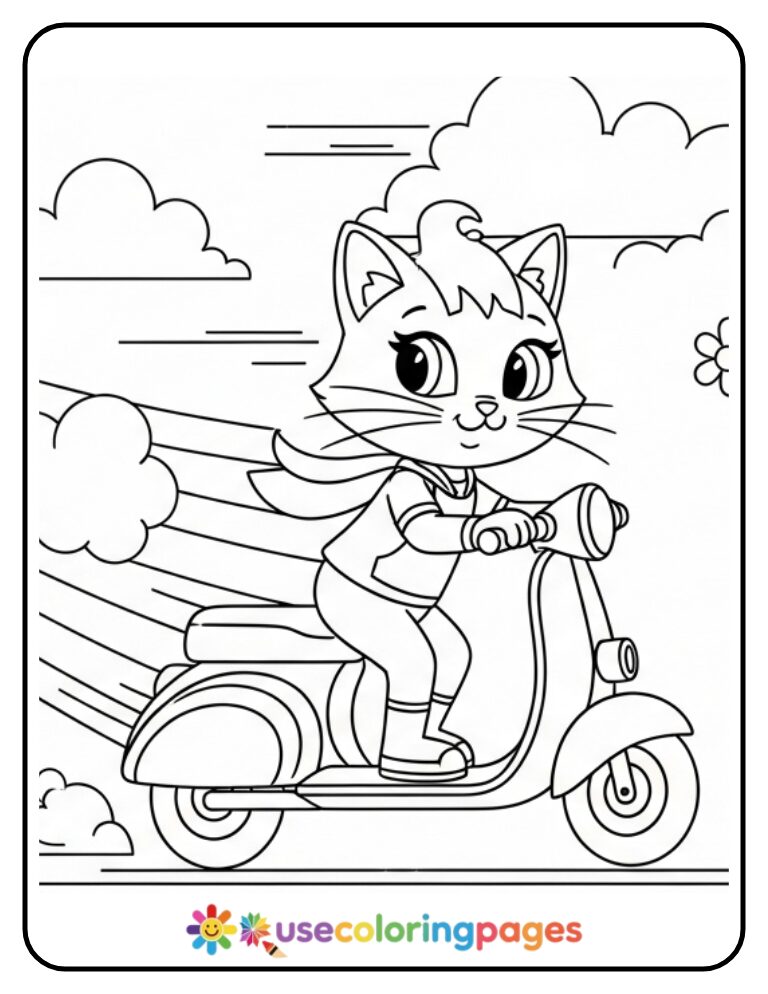 Bella the Cat Riding a Rainbow Scooter Coloring Page