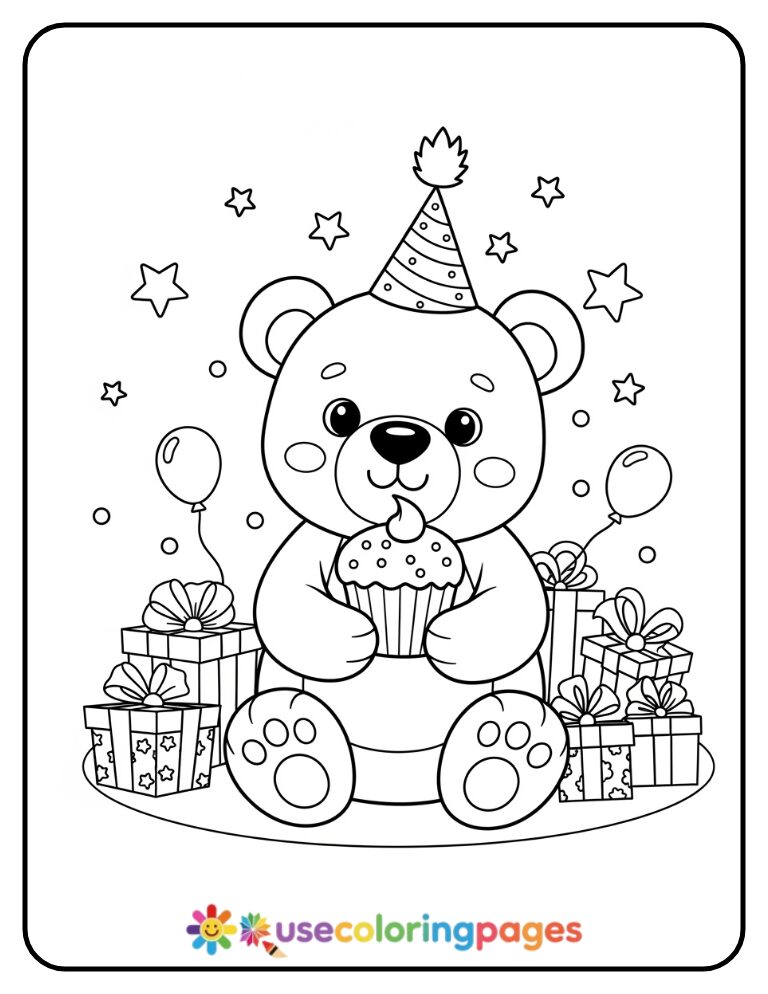 Birthday Bear With Party Hat Coloring Page