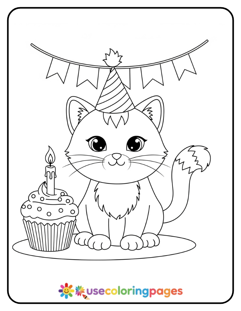 Birthday Cat with Cupcake Coloring Page