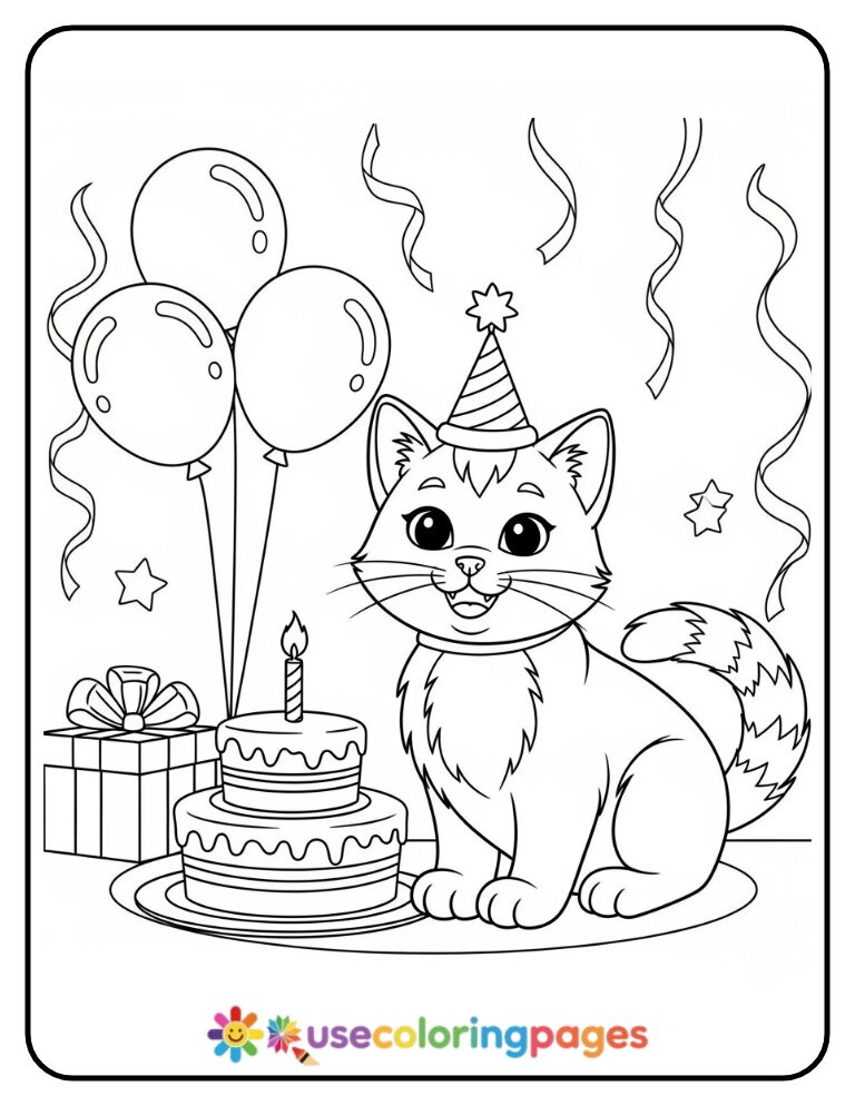 Birthday Party Cat with Cake and Balloons Coloring Page
