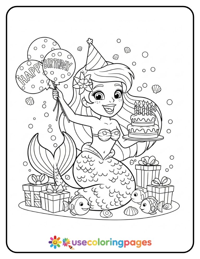 Birthday Party Mermaid with Cake Coloring Page