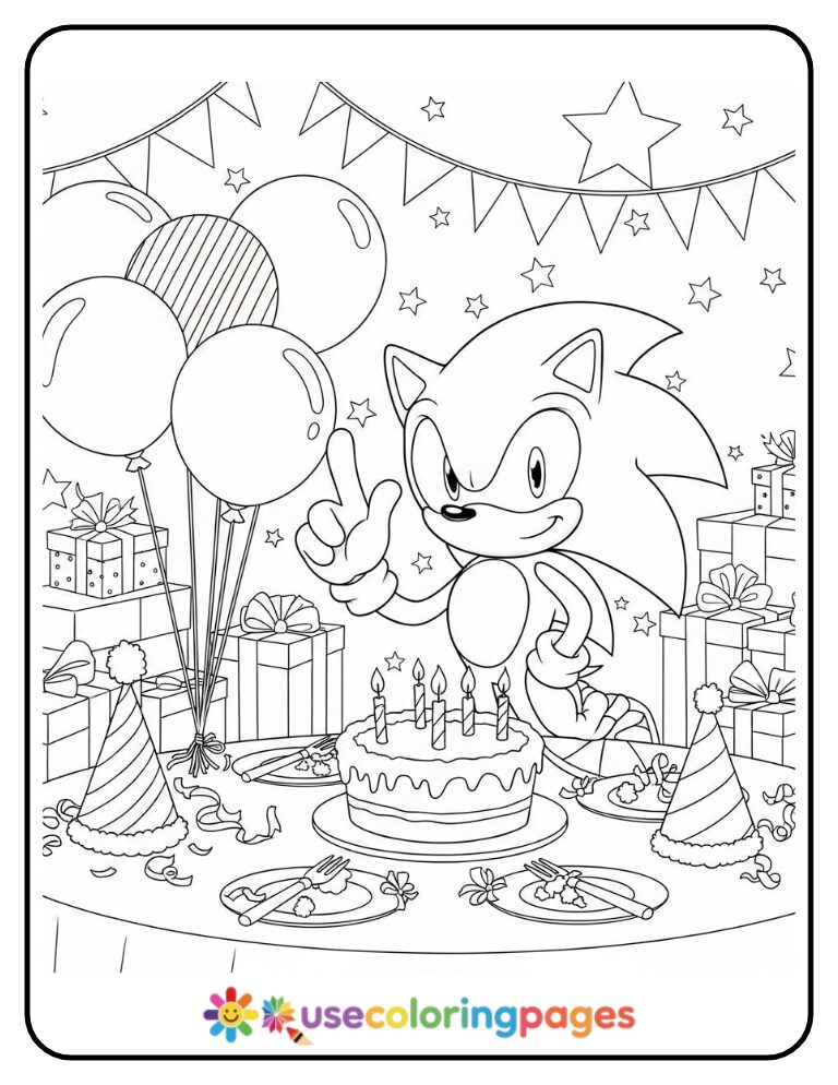 Birthday Party Sonic With Cake Coloring Page
