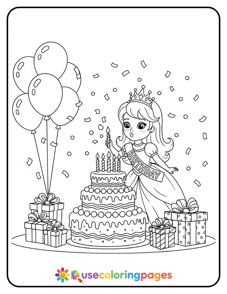Birthday Princess Blowing Out Candles Coloring Page