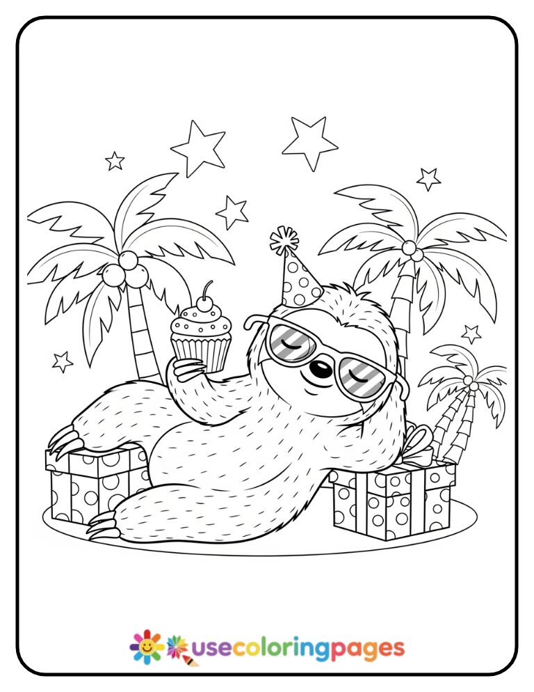 Birthday Sloth With Sunglasses Coloring Page