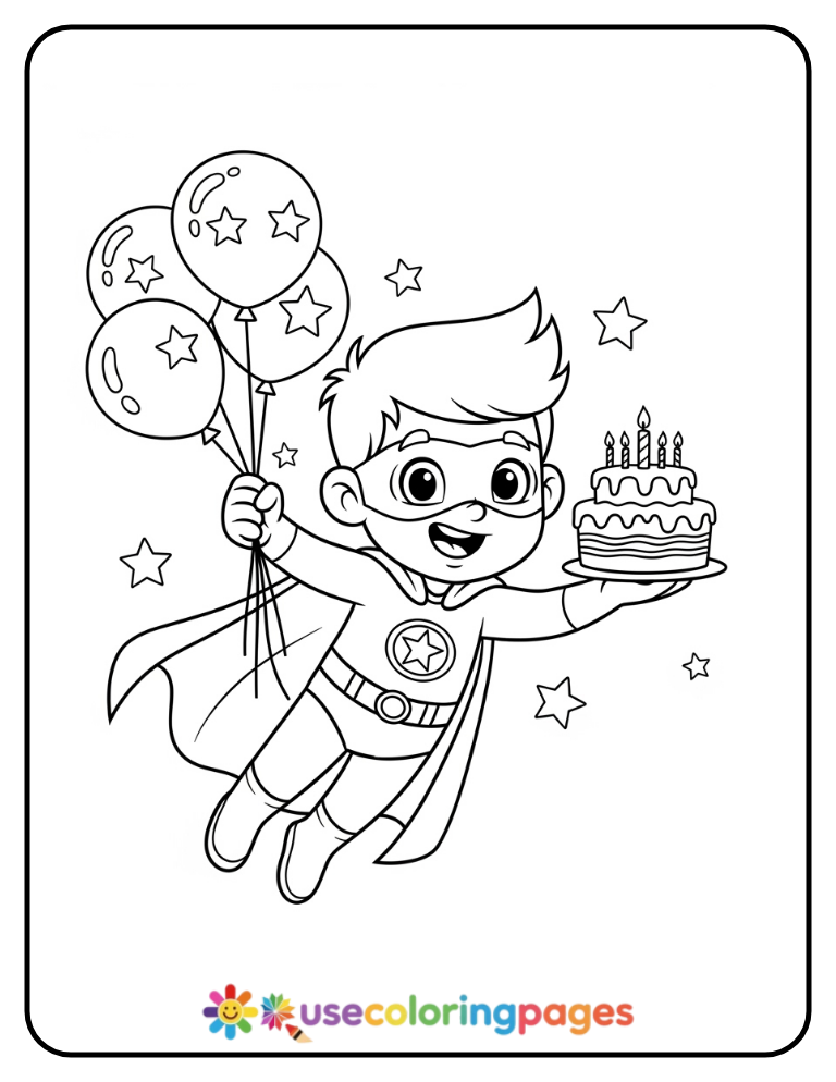 Birthday Superhero Flying With Cake Coloring Page