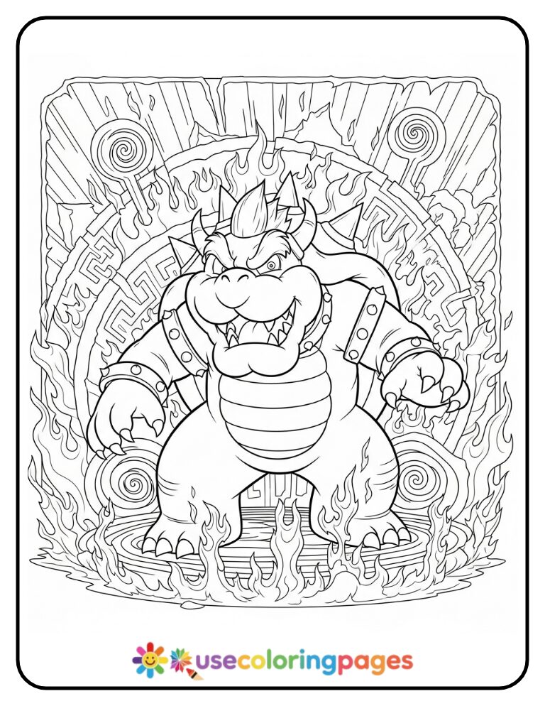 Bowser Abstract Flame Maze Coloring Page for Adults