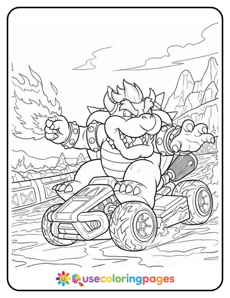 Bowser Power-Boosting Through Lava Track Coloring Page