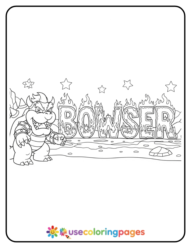 Bowser Standing with Flames and His Name Coloring Page