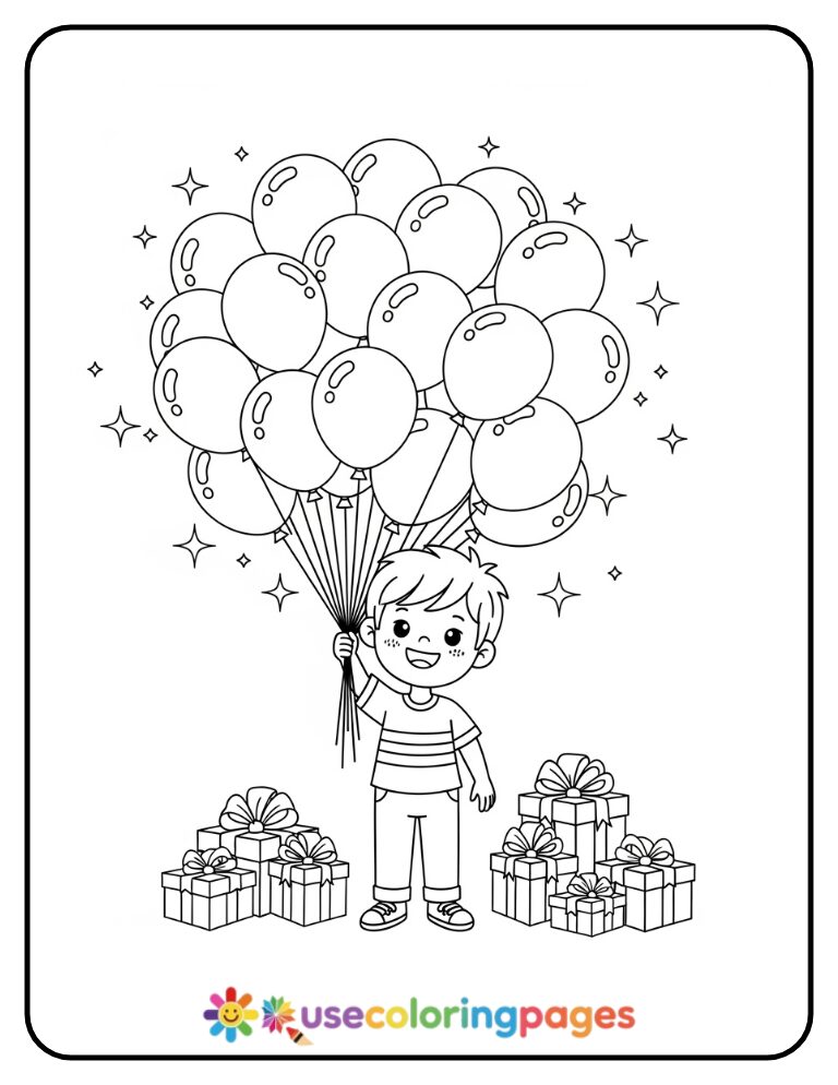 Boy Holding Balloon Bouquet Coloring Page