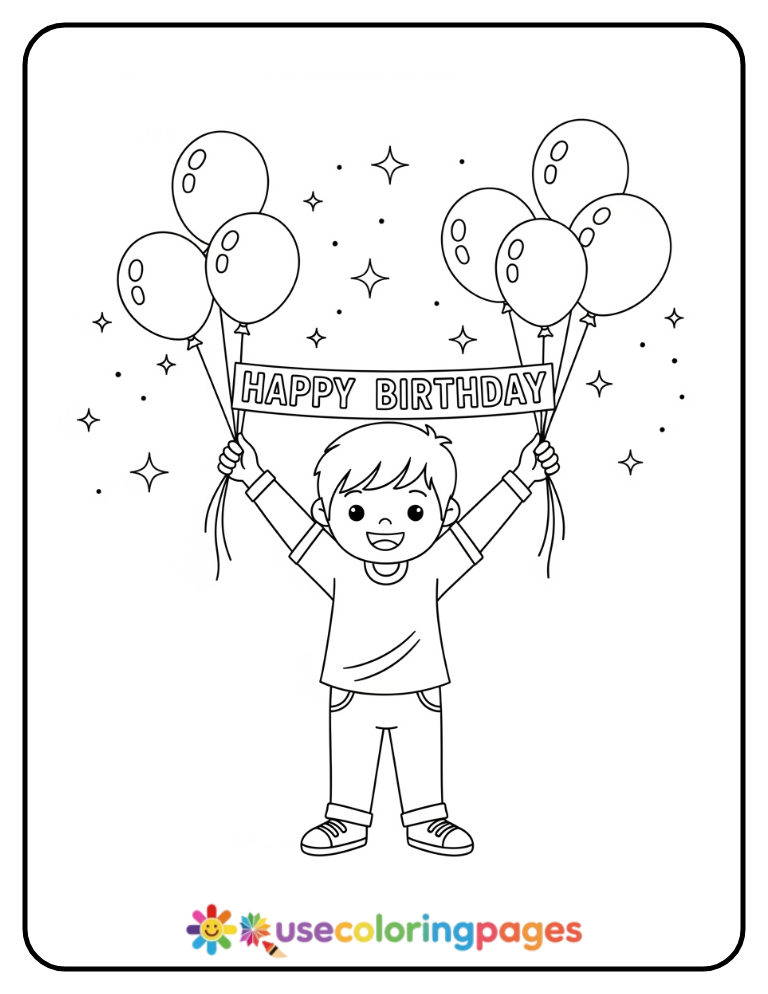Boy Holding Birthday Banner Coloring Page