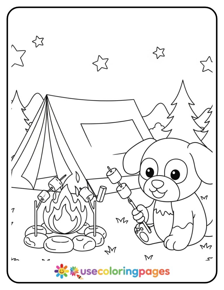Camping Puppy with Tent Coloring Page
