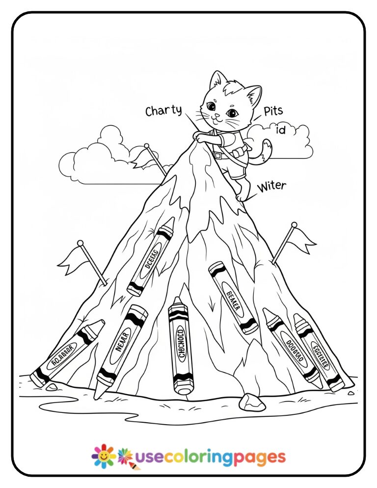 Cat Climbing a Crayon Mountain Coloring Page
