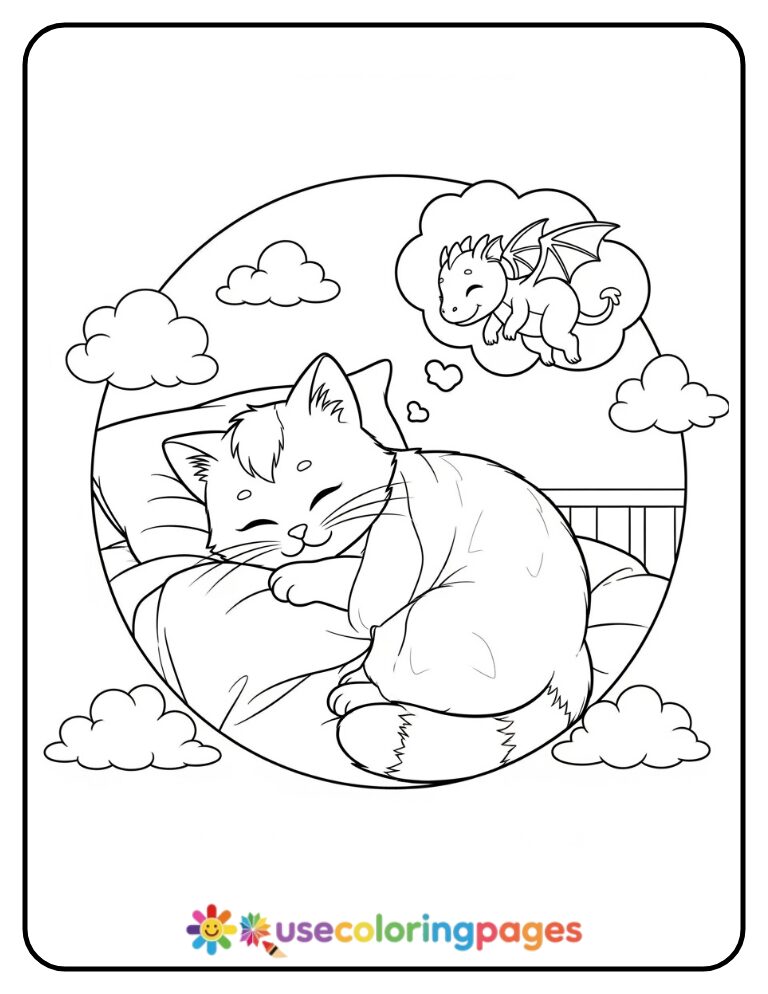 Cat Dreaming of a Dragon Tale Coloring Page