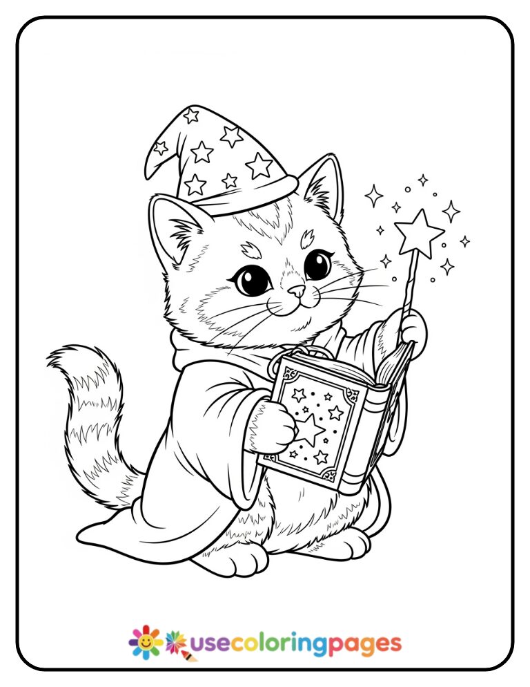 Cat Dressed as a Wizard with Magic Wand Coloring Page
