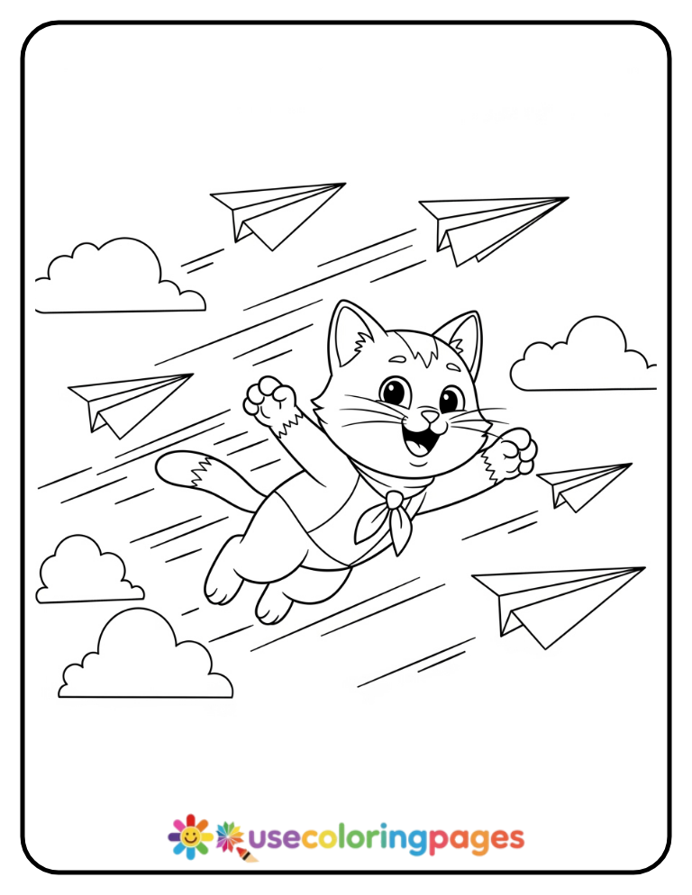 Cat Flying with Paper Airplanes Coloring Page