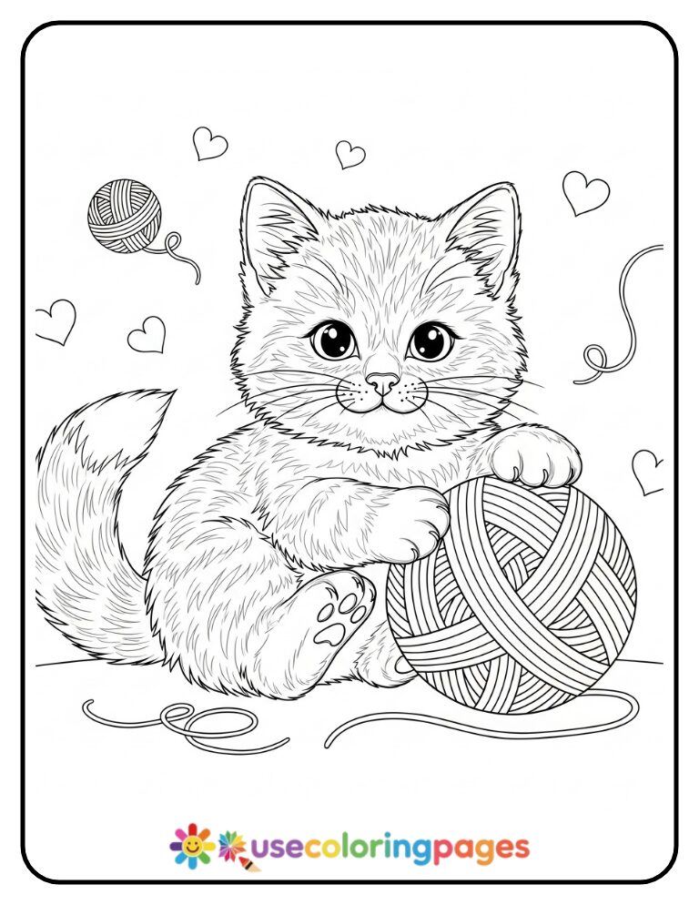 Cat Playing with Yarn Coloring Page For Kids