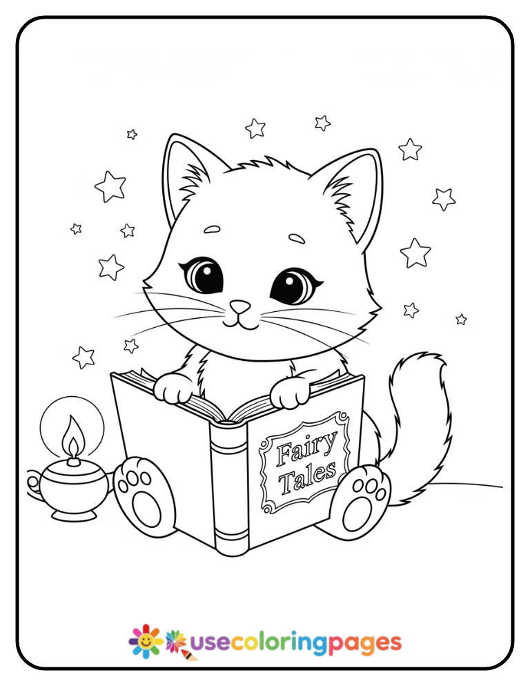 Cat Reading a Fairy Tale Coloring Page