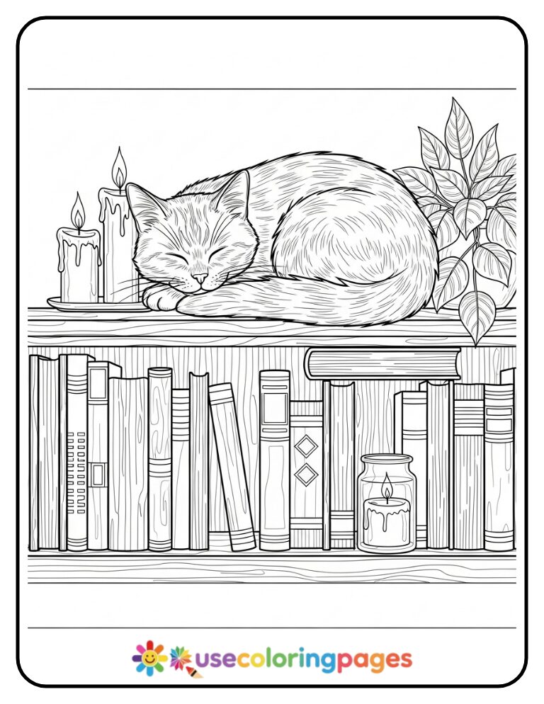 Cat Resting on a Bookshelf Coloring Page
