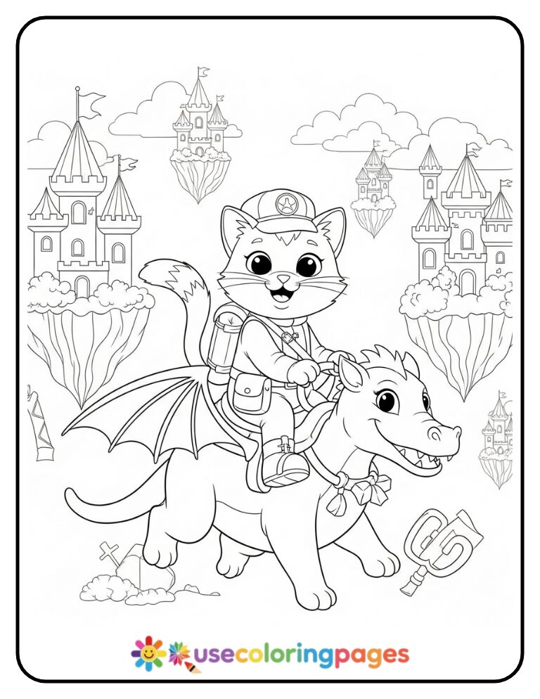 Cat Riding a Dragon in Fantasy Land Coloring Page