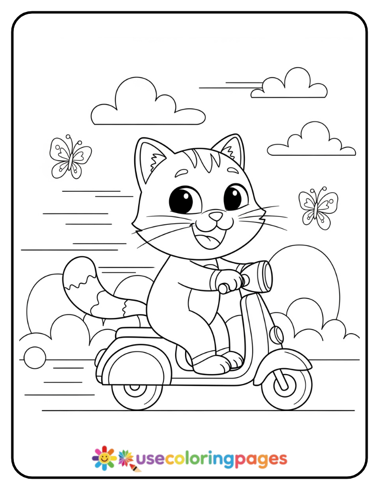 Cat Riding a Scooter Coloring Page