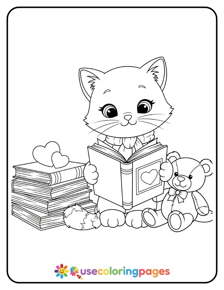 Cat Sharing Stories with Teddy Bear Coloring Page